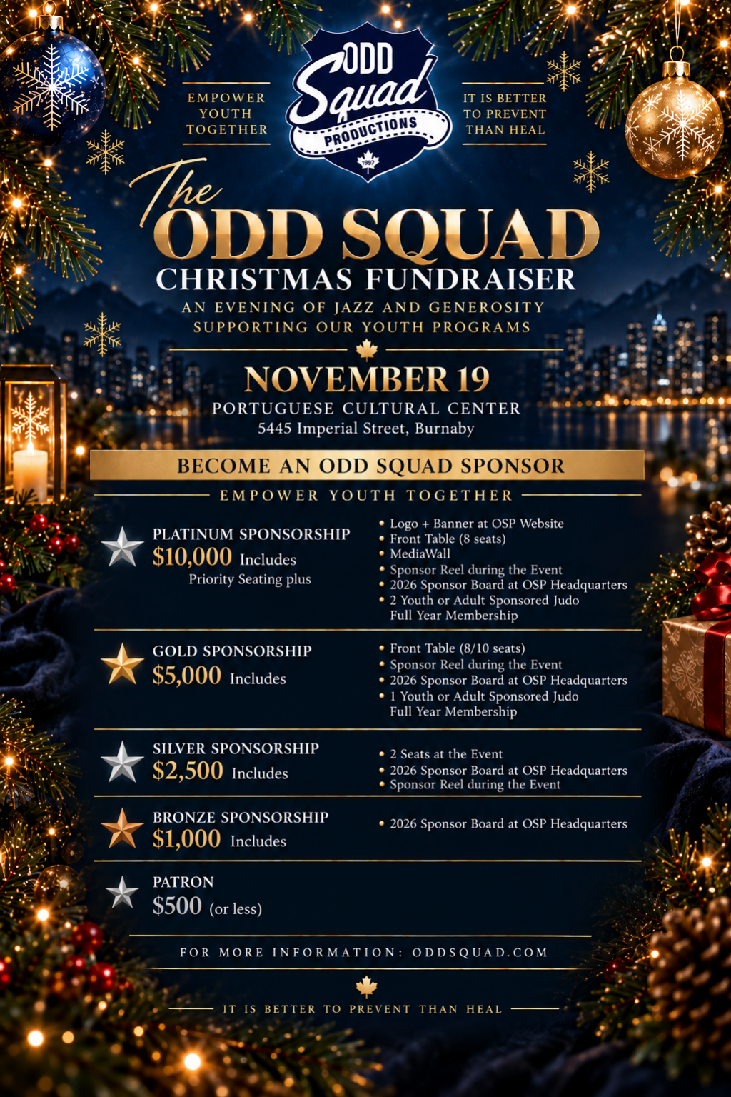Odd Squad Christmas Fundraiser Sponsorship Levels